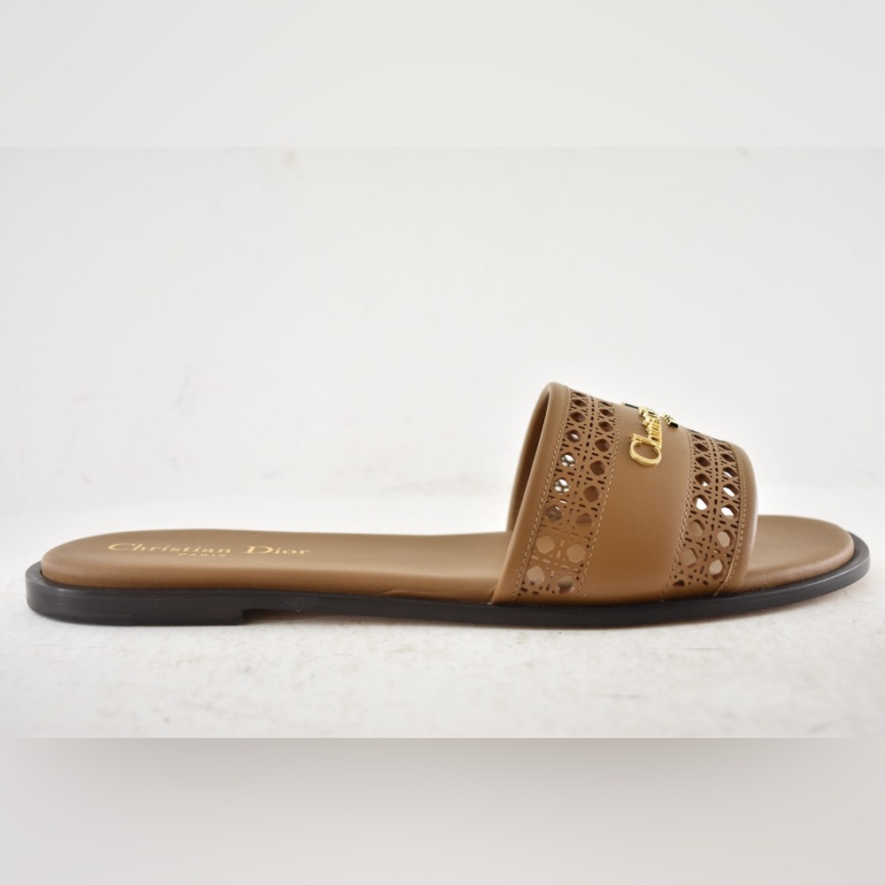 Dior D-Lane Dway Micro Cannage Chestnut Brown Leather Logo Slide Flat Sandal 39 - Picture 4 of 16